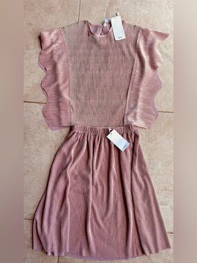 Mango Dusty Rose Pleated Two-Piece Set with Scalloped Sleeves